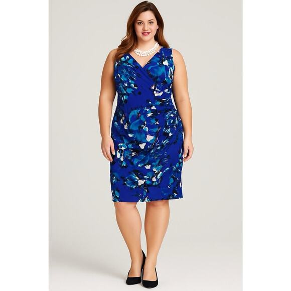 American Living Floral Ruched Dress | Size 14 |‎ Blue Purple | Sleeveless Sheath - Picture 1 of 10